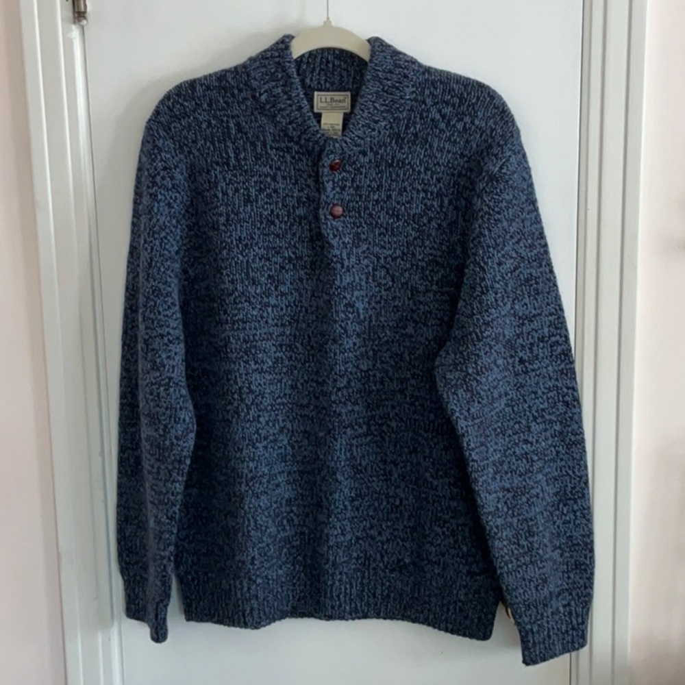 L.L. Bean Heathered Navy Henley Lambswool Pullover Sweater Large